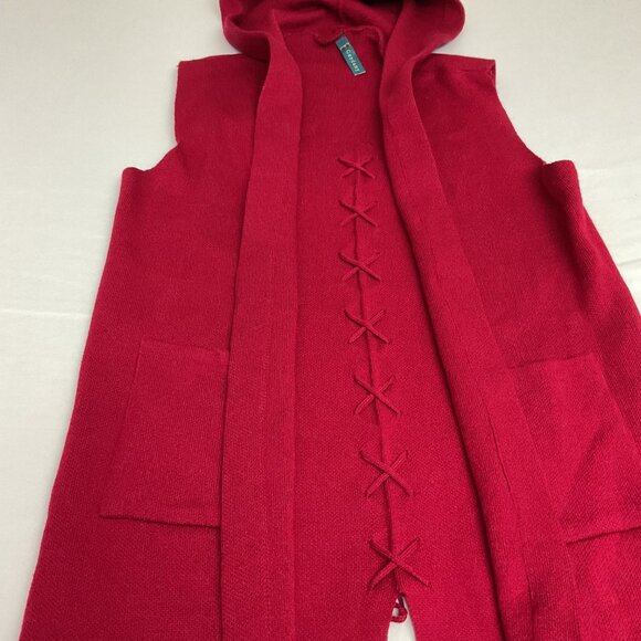 Hooded Sleeveless Red Knit Vest With Lace-Up Back Detail- size L Womens Open Fro - Picture 6 of 9